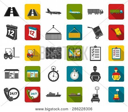 Logistics Service Black, Flat Icons In Set Collection For Design. Logistics And Equipment Vector Sym