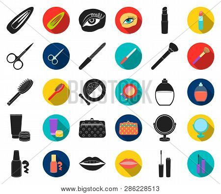 Makeup And Cosmetics Black, Flat Icons In Set Collection For Design. Makeup And Equipment Vector Sym