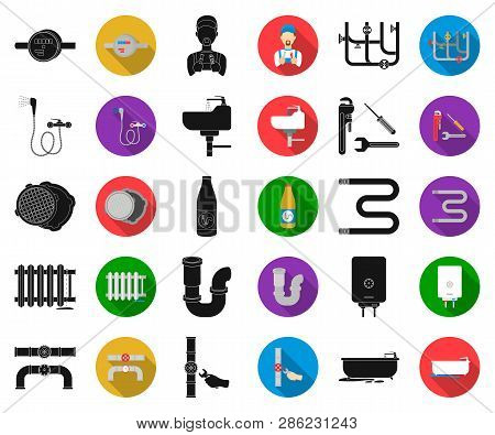 Plumbing, Fitting Black, Flat Icons In Set Collection For Design. Equipment And Tools Vector Symbol 