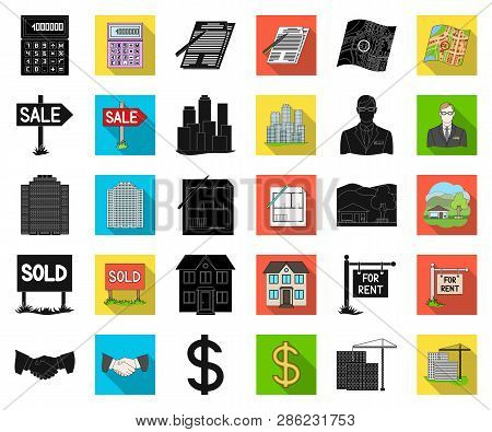 Realtor, Agency Black, Flat Icons In Set Collection For Design. Buying And Selling Real Estate Vecto
