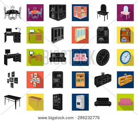 Furniture And Interior Black, Flat Icons In Set Collection For Design. Home Furnishings Vector Isome