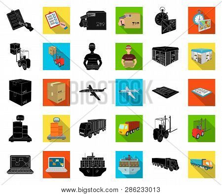 Logistics And Delivery Black, Flat Icons In Set Collection For Design. Transport And Equipment Isome