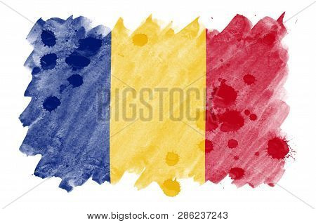 Romania Flag  Is Depicted In Liquid Watercolor Style Isolated On White Background