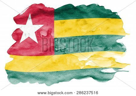Togo Flag  Is Depicted In Liquid Watercolor Style Isolated On White Background