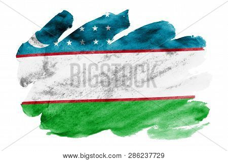 Uzbekistan Flag  Is Depicted In Liquid Watercolor Style Isolated On White Background
