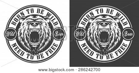 Vintage Ferocious Bear Head Round Emblem In Monochrome Style Isolated Vector Illustration
