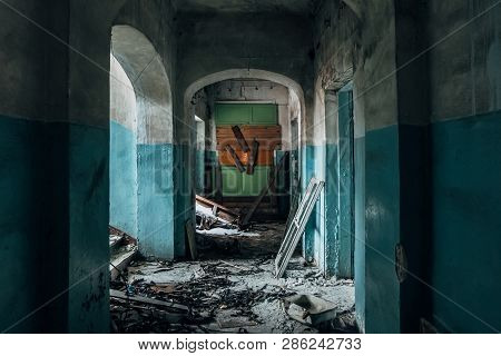 Dark And Creepy Corridor Of Old Abandoned Hospital