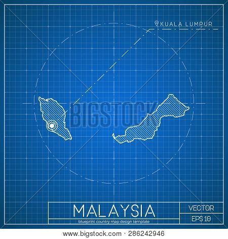 Malaysia Blueprint Map Template With Capital City. Vector Illustration.