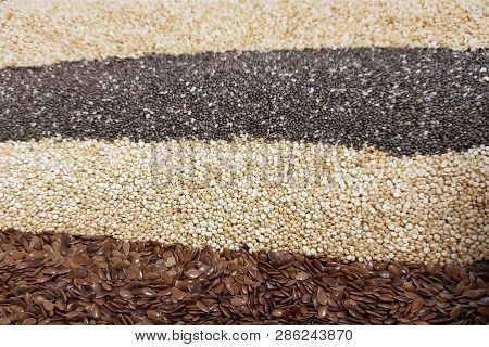 Healthy Superfood: Flax Seeds, Chia Seeds And Quinoa Seeds Close-up