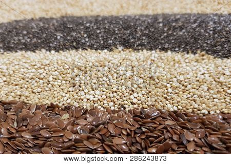 Healthy Superfood: Flax Seeds, Chia Seeds And Quinoa Seeds Close-up