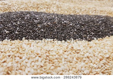 Healthy Superfood: Flax Seeds, Chia Seeds And Quinoa Seeds Close-up