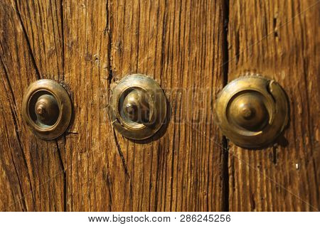 Bronze Studs Attached To Wooden Planks At Caceres