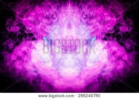 Thick Colorful Smoke Of Pink In The Form Of A Skull, Monster, Dragon On A Black Isolated Background.