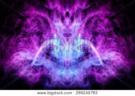 Thick Colorful Smoke Of Blue, Pink In The Form Of A Skull, Monster, Dragon On A Black Isolated Backg