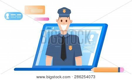 Policeman Character Headshot Appear From Laptop. Happy Male Police Officer Sheriff. Man Smile Wear P