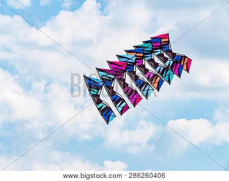 Satun, Thailand - February 23, 2019: Stack Of 8 Quad Line Kites Flying At Satun International Kite F