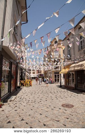 Plovdiv, Bulgaria - July 2, 2017: Street In District Kapana, City Of Plovdiv, Bulgaria.  Plovdiv Wil