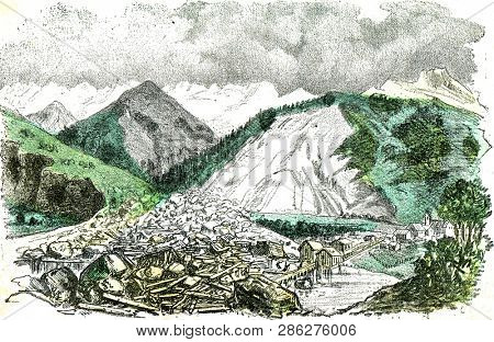 Destruction, by a landslide, of the village of elm, in the canton of glaris, vintage engraved illustration. From Natural Creation and Living Beings.