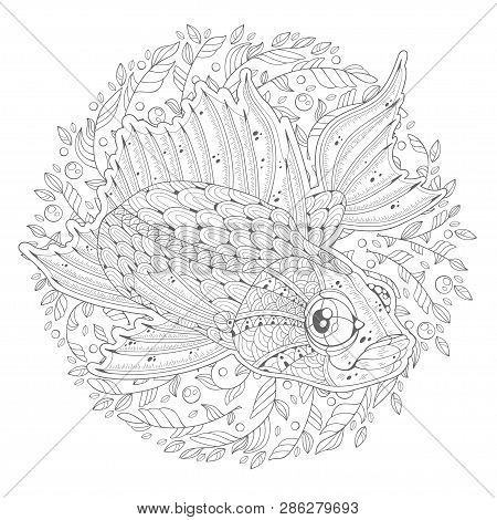 Stylized Cartoon Aquarium Fish Apistogramma Cacatuoides Among Algae On A White Background. Hand-draw