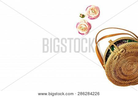 Fashionable Handmade Natural Organic Rattan Bag And Green Fern Leaves, Pink Flower Isolated On White