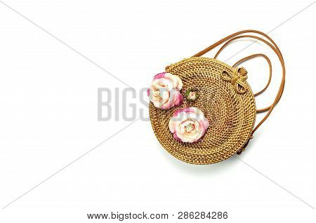 Fashionable Handmade Natural Organic Rattan Bag And Green Fern Leaves, Pink Flower Isolated On White