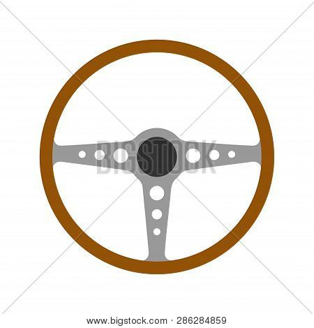 Steering Wheel Retro Car Icon Isolated On White Background. Car Wheel Control Silhouette, Antique Wo