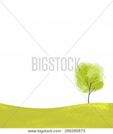 Single Tree On Green Hill. Simple Landsape Scene, Nature Background With Place For Text.