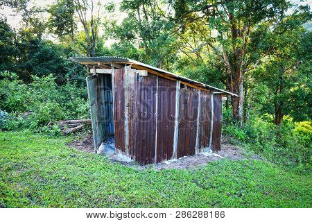 Old Wooden Toilet Forest With Zinc Roof On Mountains In A Village Hill - Outhouse Toilet Cabins