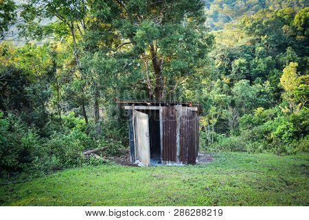 Old Wooden Toilet Forest With Zinc Roof On Mountains In A Village Hill - Outhouse Toilet Cabins