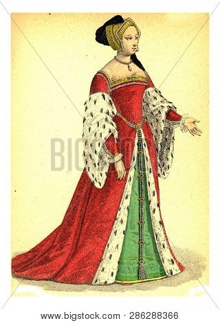 Anne Boleyn, vintage engraved illustration. 12th to 18th century Fashion By Image