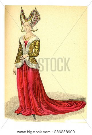 Lady of the Ursins family, vintage engraved illustration. 12th to 18th century Fashion By Image