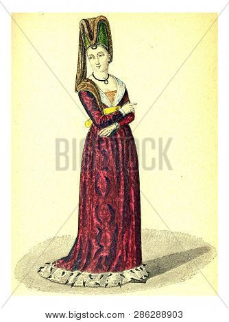 Another following of Isabeau of Bavaria, vintage engraved illustration. 12th to 18th century Fashion By Image