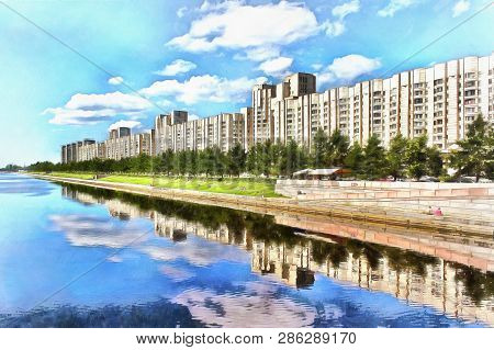 Multistorey Buildings Of Novosmolenskaya Embankment On The River Smolenka