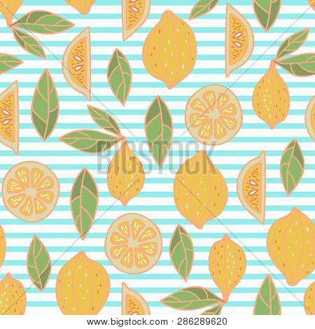 Cute Lemon Seamless Vector Pattern On Stripe Background. Surface Pattern Design.