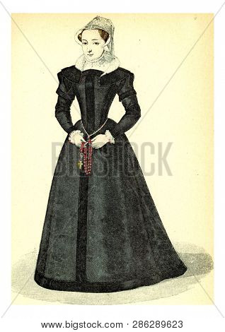Mademoiselle de Limeuil, vintage engraved illustration. 12th to 18th century Fashion By Image.
