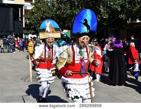 Verin, Spain, 24 Feb 2019. Famous Carnival And Street Parade With Cigarrons Costumes. Ourense Provin