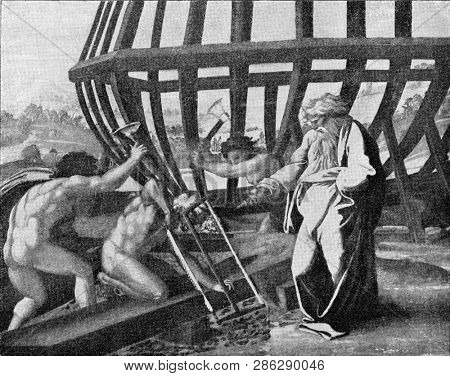 The construction of the ark before a deluge
