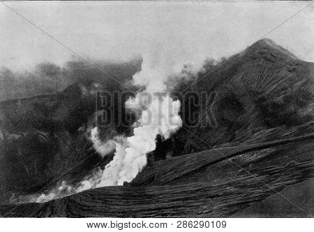 Inside the crater of Soufriere after the second eruption, vintage engraved illustration. From the Universe and Humanity, 1910.