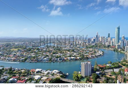 Surfers Paradise Australia Aerial View Of Canals And Buildings
