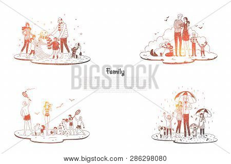 Family - Parents And Children Walking And Playing With Each Other In All Seasons Vector Concept Set.