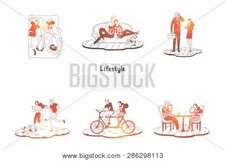 Lifestyle - Couple Riding Bicycles, Sleeping, Resting On Sofa, Working, Walking Dog Together Vector 