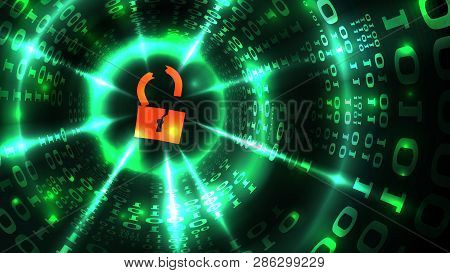 Hacking Computer System, Database, Social Network Account. Hacked Lock Symbol On Abstract Computer D