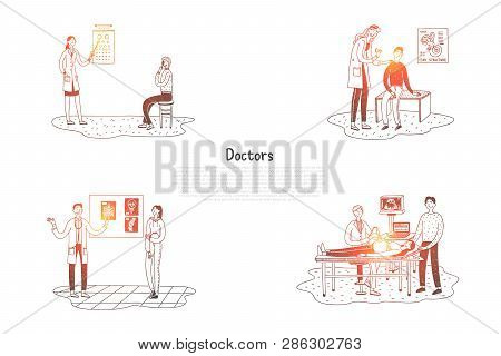 Doctors - Oculist, Surgeon, Otolaryngologist, Therapist With Patients Vector Concept Set. Hand Drawn