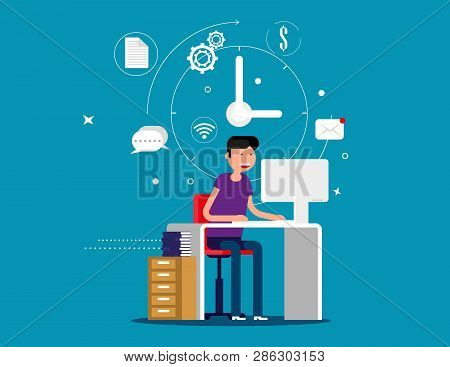 Designer Man Working With Creative Process Icons On Background. Concept Designer Vector Illustration