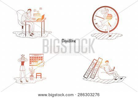 Deadline - Frustrated And Stressed People Thinking About Work Deadline Vector Concept Set. Hand Draw