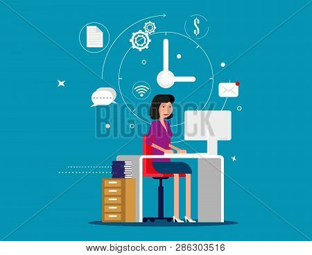 Designer Woman Working With Creative Process Icons On Background. Concept Designer Vector Illustrati