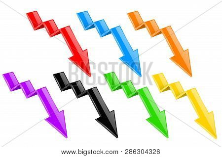 Arrows. Colored Down Financinal 3d Signs. Vector Illustration Isolated On White Background