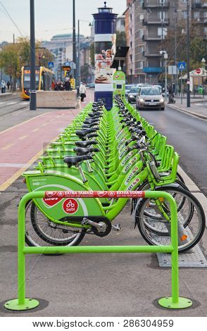 Bubi Public Rental Bicycles In Budapest/hungary - October 27, 2018; Green City Bicycles For Hire At 