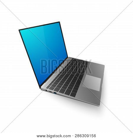 Laptop Mock Up. 3d Laptop With Bkue Screen For You Design Or Banner. Vector Illustration Isolated On