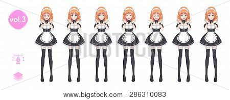 Anime Manga Girl, Cartoon Character In Japanese Style. Costume Of Maid Cafe. Set Of Emotions. Sprite